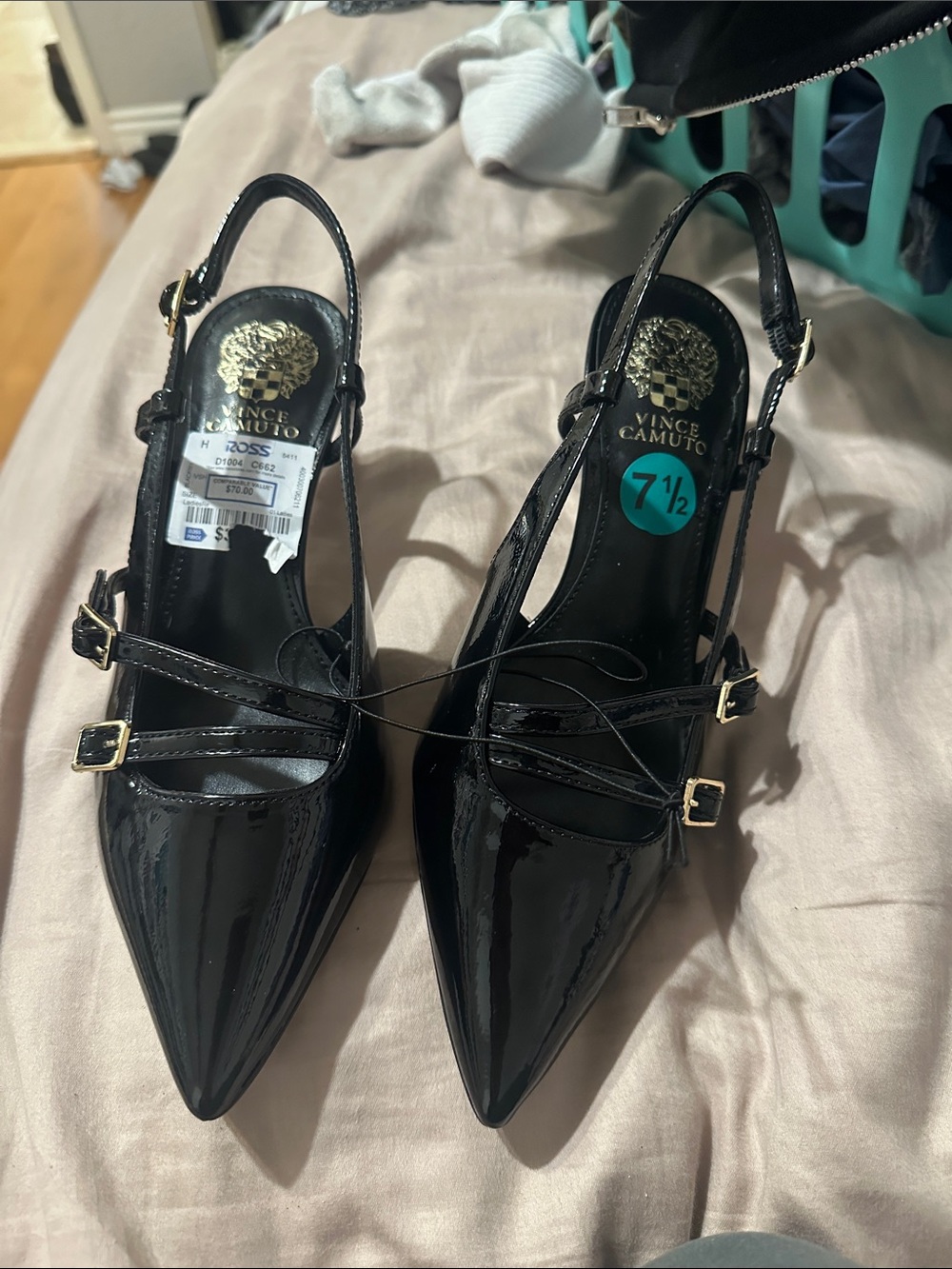 Vince Camuto Black Patent Pointed Slingback Heels with Buckle Straps